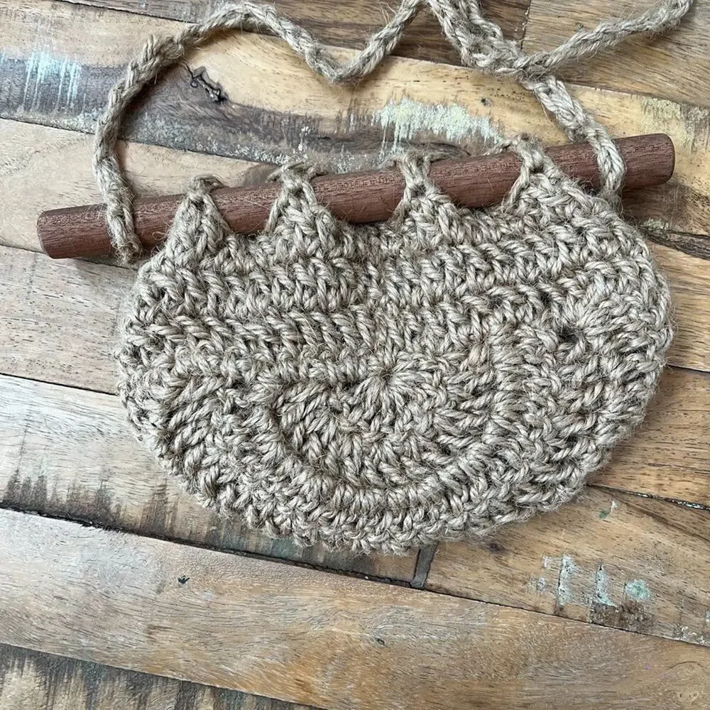 Crochet Wall Baskets (2) Natural Jute Wooden Rods Wall Pocket